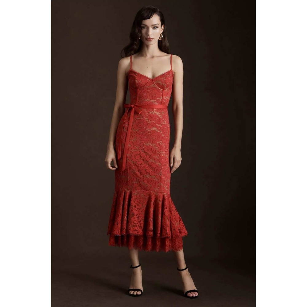 V. Chapman Naomi Stretch Red Lace Corset Flounce-Hem Midi Dress Size 10 Bodycon